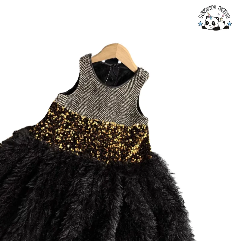 LEZONKIDS - Customizable Velour Children Sleeveless Winter Dresses Set Winter Jacket Girl Clothing Set